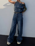 Momentlover Asymmetric Boat Neck Fringed Vest Top+ Belted High Waisted Jeans Bottom Two Pieces Set
