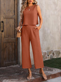 Momentlover Loose Sleeveless Pockets Solid Color Round-Neck Vest Top&Pants Two Pieces Pants Set