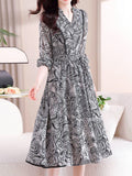 Momentlover Tied Waist Flower Print Elasticity Plus Size Loose V-neck Midi Dresses