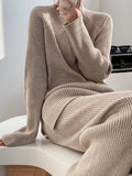 Momentlover Urban Loose Solid Round-Neck Split-Side Sweater& Wide Leg Pants Suits