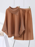 Momentlover Simple Loose Long Sleeves Pleated Solid Color High-Neck T-Shirt Top&Wide Legs Pants Two Pieces Set