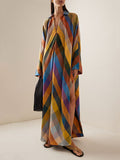 Momentlover Long Sleeves Loose Contrast Color Split-Side V-Neck Maxi Dresses