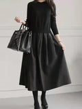Momentlover Split-Joint Pleated Loose Long Sleeves Round-Neck Midi Dresses