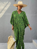 Momentlover Green Leopard V-Neck Split-Side Batwing Sleeves Maxi Dress