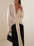 Momentlover Contrast Color Loose Long Sleeves V-neck Maxi Dresses Evening Dresses