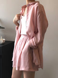 Momentlover Loose Solid Color Long Sleeves Blouse + Pleated Shorts Two Pieces Set