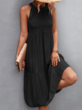 Momentlover Split-Joint Solid Color Pleated Hollow Sleeveless Loose Halter-Neck Midi Dresses
