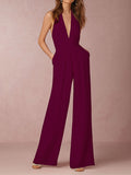 Momentlover Solid Color Backless Wide Leg Sleeveless Halter-Neck Jumpsuits