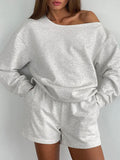 Momentlover Solid Color Long Sleeves Loose Elasticity Round-Neck Shirts Top + Shorts Bottom Two Pieces Set