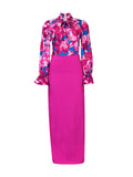Momentlover Long Sleeves Floral Printed Blouse + Split-Back Solid Color Skirt Two Pieces Set