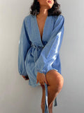 Momentlover Long Sleeves Loose Split-Joint Tied Waist V-Neck Denim Mini Dresses