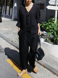 Momentlover Casual Linen V-neck Jumpsuit