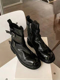 Momentlover Zipper Split-Joint Round-Toe Belt Buckle Boots