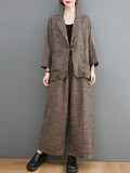 Momentlover Vintage Ramie Cotton Notched Collar One Button Suits+Column Pants 2 Pieces Set