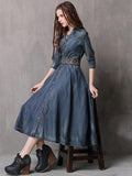 Momentlover Vintage Embroidered Cropped Denim Dress