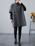 Momentlover Simple Solid Color Knitting Short Sleeves High-Neck Mini Dress
