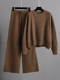 Momentlover Urban Loose Long Sleeves Solid Color Round-Neck High-Low Sweater Tops & Wide Leg Pants Suits