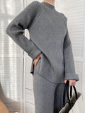 Momentlover Urban Loose Solid Round-Neck Split-Side Sweater& Wide Leg Pants Suits
