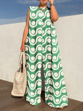 Momentlover Loose Sleeveless Contrast Color Printed Round-Neck Jumpsuits