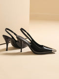 Momentlover Square-Toe Split-Joint Contrast Color Sling Shoes Pumps