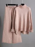 Momentlover Urban Long Sleeves Solid Color Half Turtleneck Sweater Tops & Wide Leg Pants Two Pieces Set