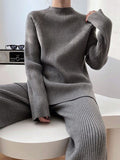 Momentlover Urban Loose Solid Round-Neck Split-Side Sweater& Wide Leg Pants Suits