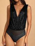 Momentlover Split-Joint Sequined See-Through High-Waisted Sleeveless Skinny V-Neck Bodysuits