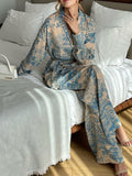 Momentlover Notched Collar Long Sleeves Buttoned Printed Tied Waist Shirts Top + High Waisted Pants Bottom Two Pieces Set
