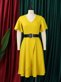 Momentlover Solid Color Belted Puff Sleeves Plus Size Round-neck Midi Dresses