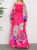 Momentlover Off-The-Shoulder A-Line Elasticity Flower Print Pleated Shirts Top + High Waisted Skirts Bottom Two Pieces Set