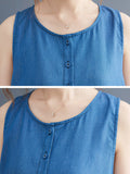 Momentlover Simple Denim Blue Round-Neck Buttoned Sleeveless Midi Dress