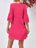 Momentlover Flared Sleeves Half Sleeves Solid Color V-Neck Mini Dresses