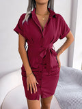 Momentlover Solid Color Pleated Bandage Short Sleeves Lapel Mini Dresses