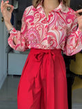 Momentlover Printed Long Sleeves Buttoned Lapel Blouse + Tied Waist Wide Leg Pants Two Pieces Set