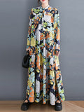 Momentlover Long Sleeves Loose Floral Printed Round-Neck Midi Dresses
