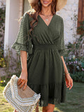 Momentlover Original Half Sleeves Loose Polka-Dot Falbala Solid Color V-Neck Mini Dresses