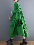 Momentlover Urban Floral Applique Pleated Long Sleeves Shirt Dress Midi Dress