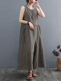 Momentlover Split-Joint Plaid Sleeveless Loose Round-neck Jumpsuits