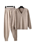 Momentlover Casual Loose Harem Pants Solid Color V-Neck Sweater Tops Pants Two Pieces Set