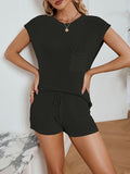 Momentlover Loose Solid Color Knitting Short Sleeves T-Shirt + Shorts Two Pieces Set