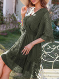 Momentlover Original Half Sleeves Loose Polka-Dot Falbala Solid Color V-Neck Mini Dresses