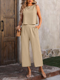 Momentlover Loose Sleeveless Pockets Solid Color Round-Neck Vest Top&Pants Two Pieces Pants Set