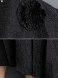 Momentlover Split-Joint Solid Color Pleated Jacquard Gauze Flower Shape Asymmetric Loose Batwing Sleeves Round-Neck Midi Dresses