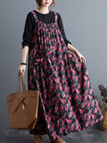 Momentlover Artistic Retro Ramie Cotton Loose 3 Colors Floral Printed Square-Neck Sleeveless Strap Dress