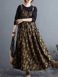 Momentlover Artistic Retro Ramie Cotton Loose 3 Colors Floral Printed Square-Neck Sleeveless Strap Dress
