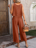 Momentlover Loose Sleeveless Pockets Solid Color Round-Neck Vest Top&Pants Two Pieces Pants Set