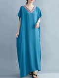 Momentlover Casual Artistic Retro Striped V-Neck Short Sleeves Maxi Dress
