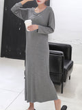 Momentlover Simple Modal Solid Color Round-Neck Long Sleeves Midi Dress