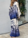 Momentlover Printed Wide Leg Puff Sleeves Off-the-shoulder Two-Piece Sets Pants Blouses