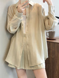 Momentlover Loose Solid Color Long Sleeves Blouse + Pleated Shorts Two Pieces Set